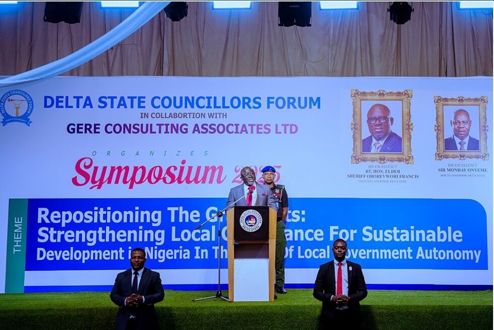 Delta State Governor, Rt Hon Sheriff Oborevwori speaking at the Delta State Councilors Forum Symposium held in Asaba, on Tuesday, September 23, 2025