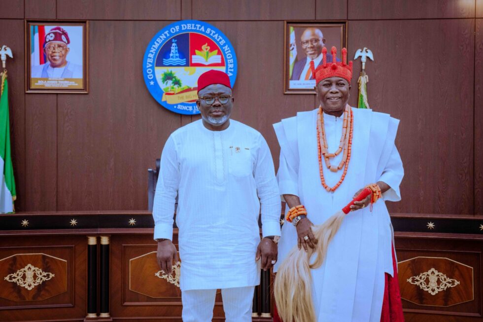 L-R: Governor Sheriff Oborevwori and the Asagba of Asaba, Obi Epiphany Azinge after a courtesy visit at Government House Asaba on Wednesday, September 10, 2025