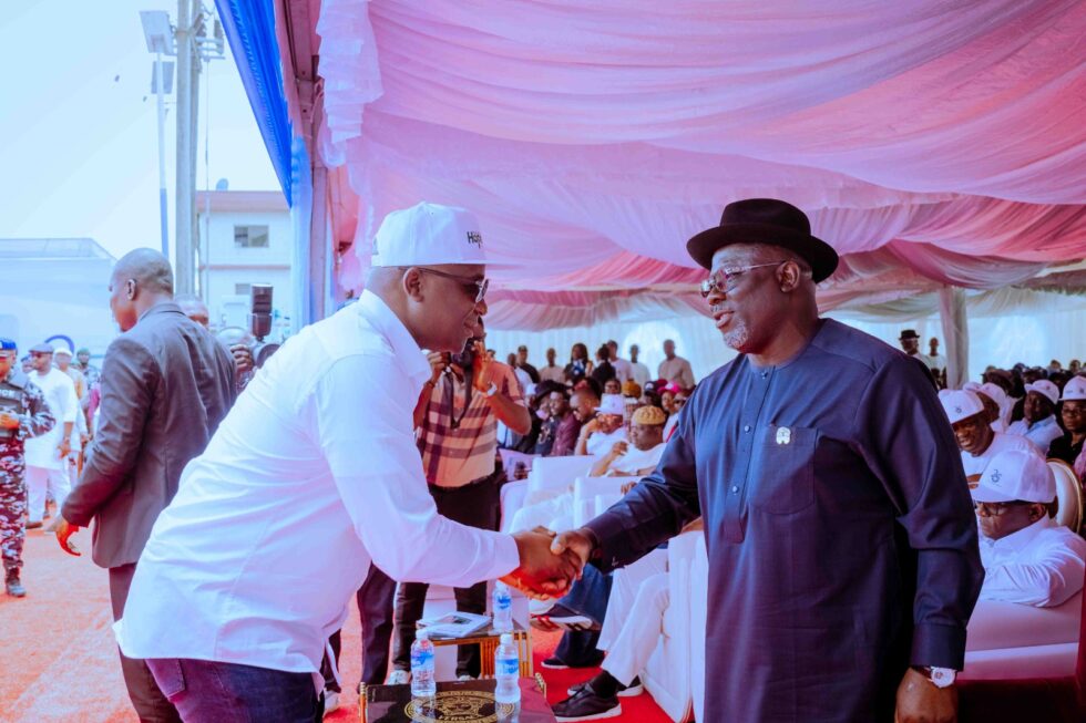 Delta State Governor, Rt. Hon. Sheriff Oborevwori (right), exchanges a handshake with the Managing Director of the Niger Delta Development Commission (NDDC), Dr. Samuel Ogbuku (left), during the inauguration of the NDDC Delta State Office in Warri on Friday.