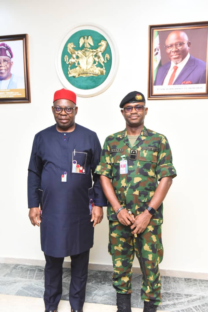 Delta State Deputy Governor, Sir Monday Onyeme (left), who represented Governor Sheriff Oborevwori, with Rear Admiral Joseph Akpan, shortly after leading a delegation from Defense Headquarters, Abuja, on a courtesy visit on the Governor in Government House, Asaba on Monday.