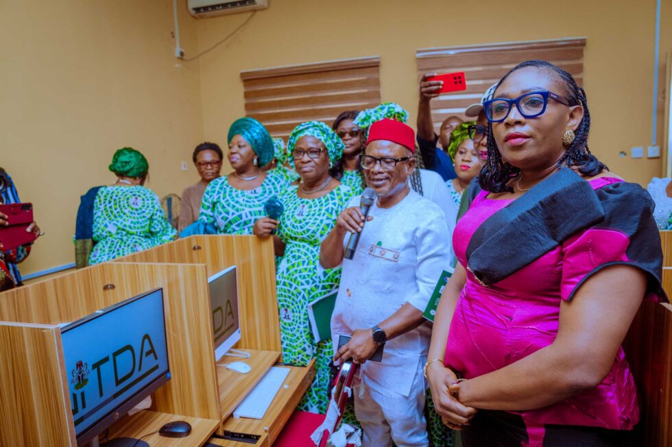 Representative of the Wife of the Delta State Governor, Dr. Josephine Emu (Right) and the State Commissioner for Technical Education, Chief Smart Ufoh (middle) inspects the newly established Digital Learning Centre donated by the Renewed Hope Initiative (RHI) and the National Information Technology Development Agency (NITDA) to the Delta State Model Technical School, Asaba on Thursday, October 23, 2025.