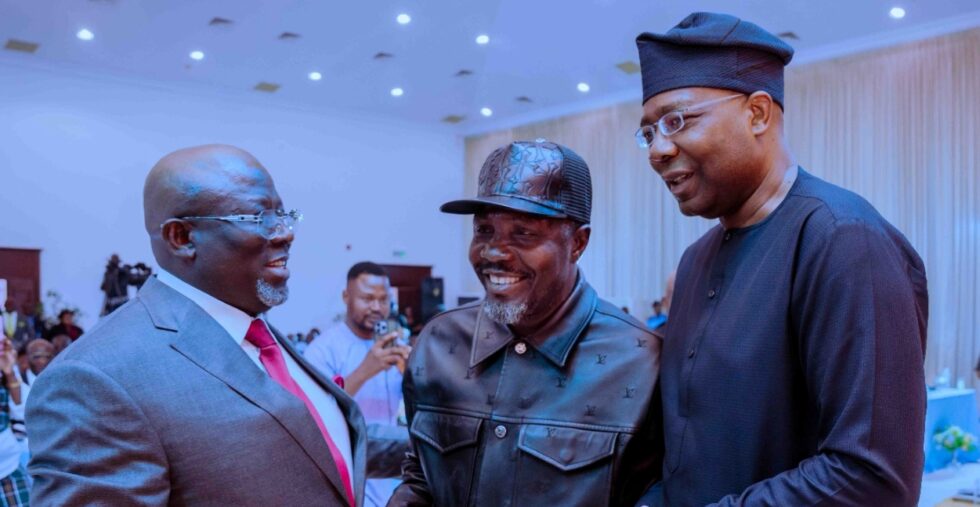 Governor Sheriff Oborevwori speaking with Tompolo and Aig-Imoukhuede at the launch of the Delta State Security Trust Fund in Asaba, on Wednesday, October 15, 2025