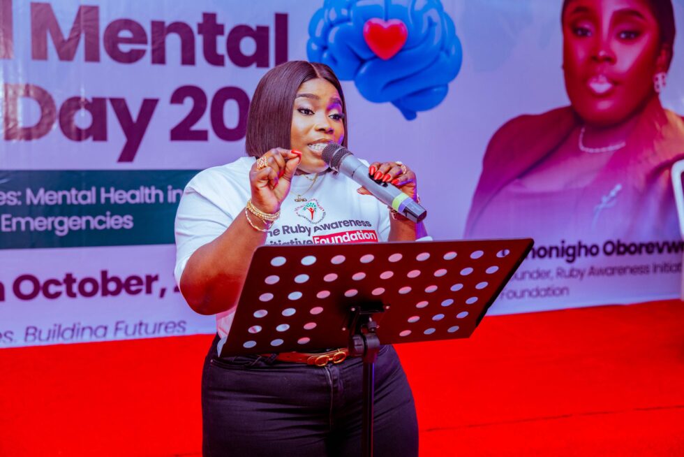 Mrs Omonigho Oborevwori addressing Students during an outreach to mark World Mental Health Day 2025 in Asaba
