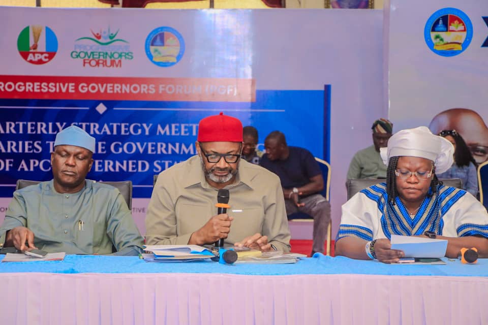 Secretary to the Delta State Government, Dr. Kingsley Emu (Middle), flanked by the Director General of the Progressive Governors Forum, Mr. Folonrunso Aluko (left), and the Chairperson of the Secretaries to Governments of APC governed states and SSG Kogi State, Dr. Folashade Ayoade, reading the communique issued after the Progressive Governors Forum Quarterly Strategic Meeting of Secretaries to Governments of APC governed states, held in Asaba on Friday, October 31, 2025