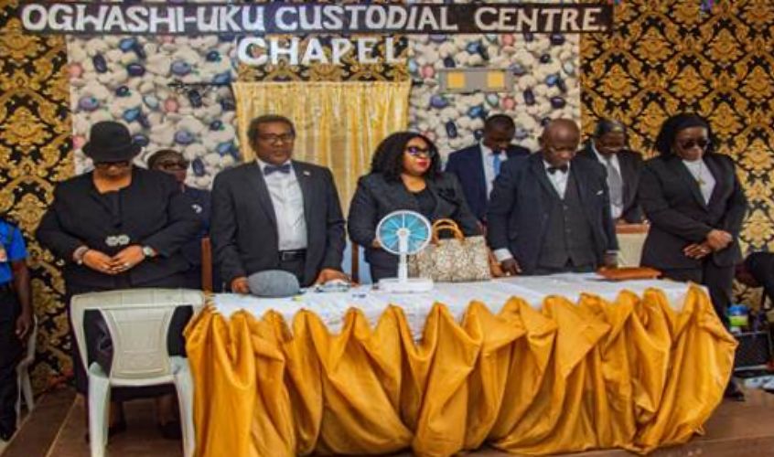 Chief Judge of Delta State, Hon. Justice Theresa Diai, 3rd left, Hon. Justice Briki-Okolosi, 2nd left, and other Judges during the prison visit to Ogwashi-Uku Custodial Centre