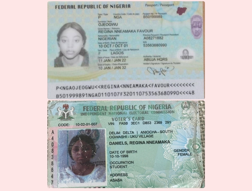 Regina Daniels Nigerian Passport and Voters Card presented by Omoyele Sowore and Senator Ned Nwoko showing age discrepancies.