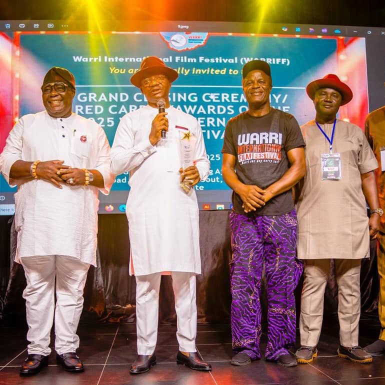 Delta State Governor, Rt. Hon. Sheriff Oborevwori (2nd left), represented by the State Commissioner for Works (Rural Roads) and Public Information, Mr. Charles Aniagwu; Member representing Warri Federal Constituency, Hon. Thomas Ereyitomi (left); veteran filmmaker, Mr. Alex Eyengho (2nd right); and former NDDC Executive Director, Projects, Engr. Tuoyo Omatsuli (right), during the presentation of an award to Governor Oborevwori at the Warri International Film Festival on Thursday in Warri.