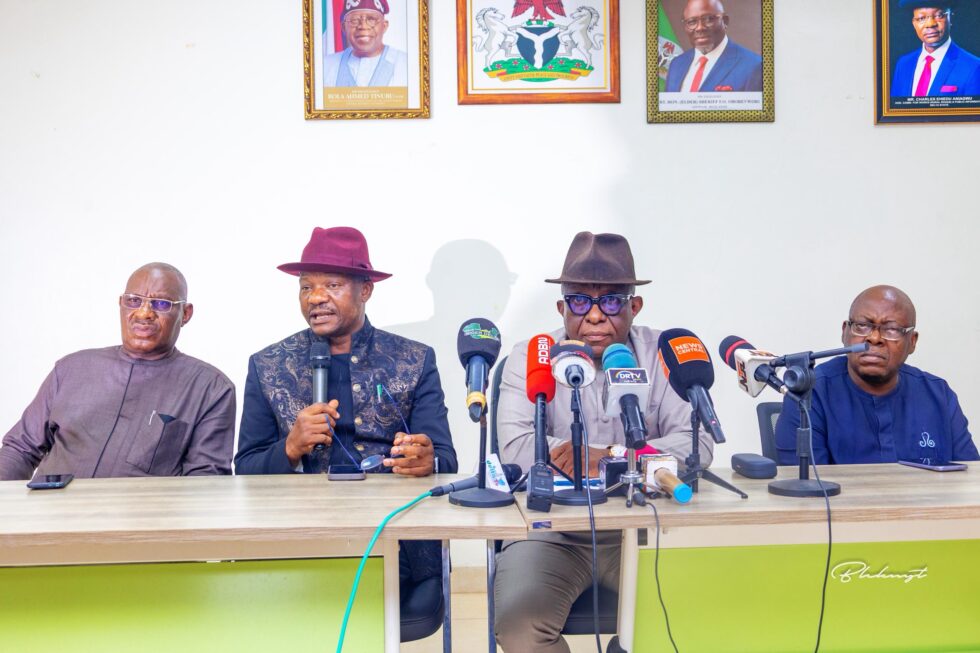 Commissioner for Works Works, Rural Roads and Public Information, Mr Charles Aniagwu (2ndright ) and his Economic Planning counterpart, Mr Sunny Ekedayan ( 2ndright ) while briefing journalists in Asaba on Wednesday. With them are Executive Assistant to the Governor , Public Enlightenment on Projects and Policies, Mr Olisa Ifeajika ( left) and the Executive Assistant to the Governor on New Media, Mr. Felix Ofou( right)