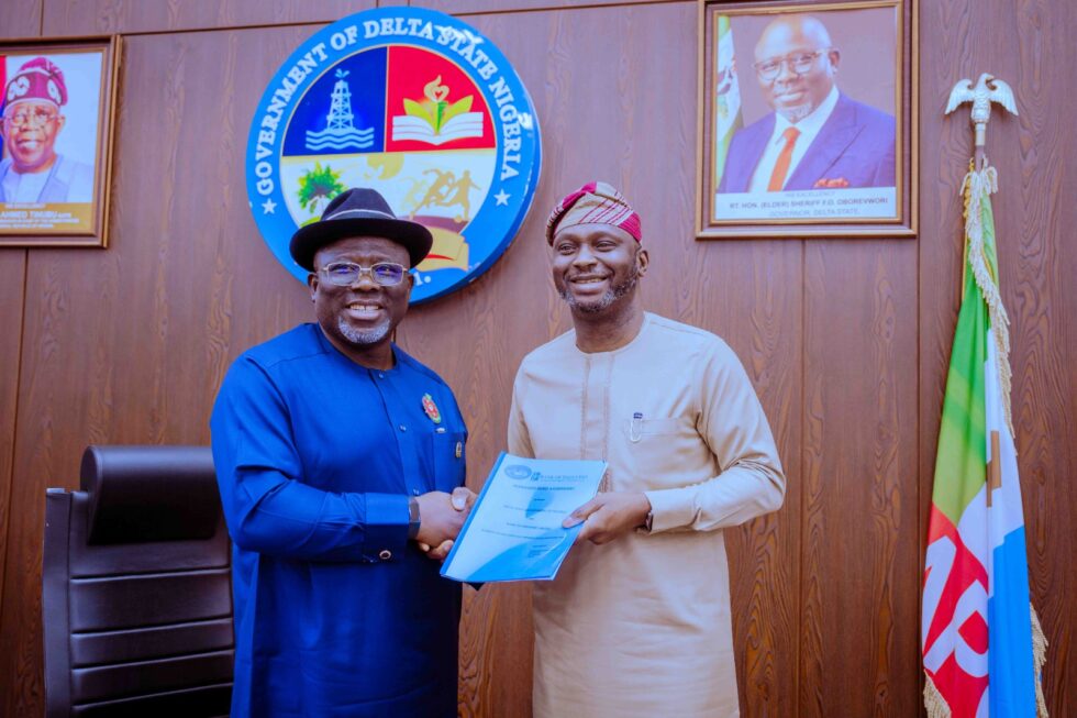 Delta State Governor, Rt. Hon. Sheriff Oborevwori (left) receiving a copy of the MoU from the Managing Director of Bank of Industry, Dr. Olasupo Olusi, shortly after the signing of a ₦1billion MSME MoU between the Delta State Government and the Bank of Industry released to the Bank by the State Government in Government House, Asaba, Tuesday.