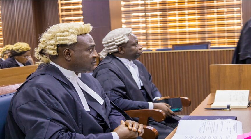 From the right, is the Attorney -General and Commissioner for Justice Ekemejero Ohwovoriole, SAN, left is the Solicitor-General and Permanent Secretary,Ministry of Justice,Omamuzo Erebe,SAN, during the trial of the alleged killers of Justice Ifeoma Okogwu at the high court, Asaba .