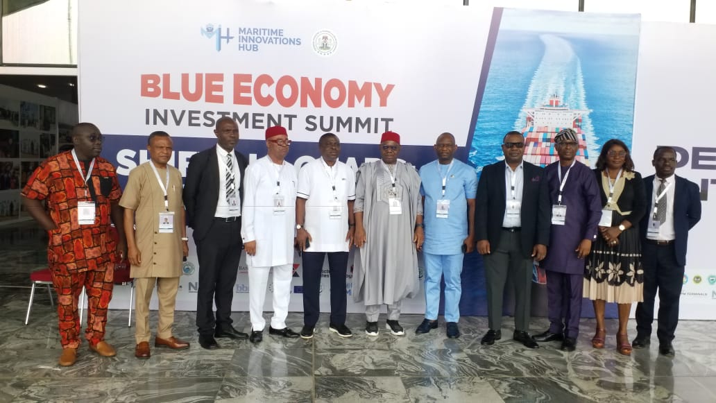 Deputy Governor of Delta State, Sir Monday Onyeme (middle), in a group photograph with Delta State delegates at the Blue Economy Investment Summit 2026 held at the Bola Ahmed Tinubu International Conference Centre, Abuja, on Thursday, April 9, 2026