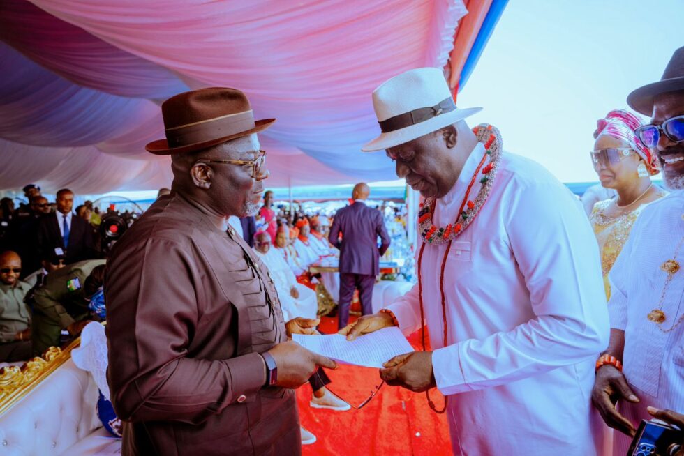 President of the Ijaw National Congress, INC, Prof. Benjamin Okaba making a presentation to Governor Sheriff Oborevwori at Bomadi Rally