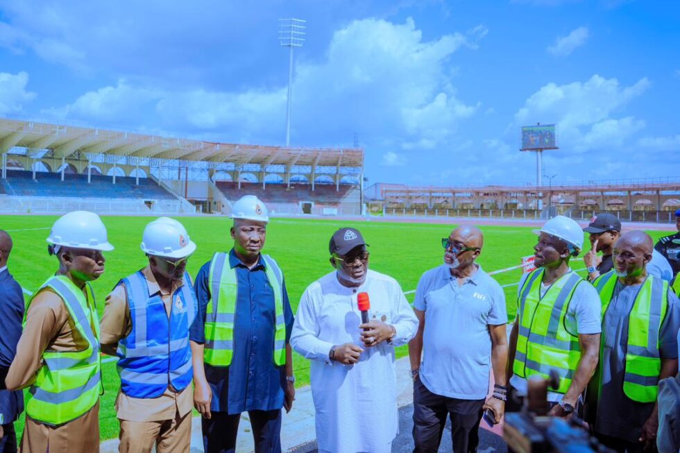 Governor Sheriff Oborevwori speaking to the Press shortly after inspecting the remodelling work at Warri Stadium on Tuesday, April 14, 2026
