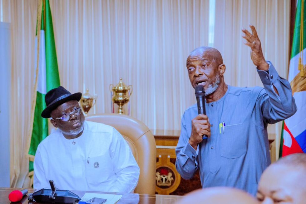 Governor Sheriff Oborevwori listening to the Managing Director of Power Acumen Consulting Ltd, Matthew Edevbie on Delta 24 Hours Electricity Plan