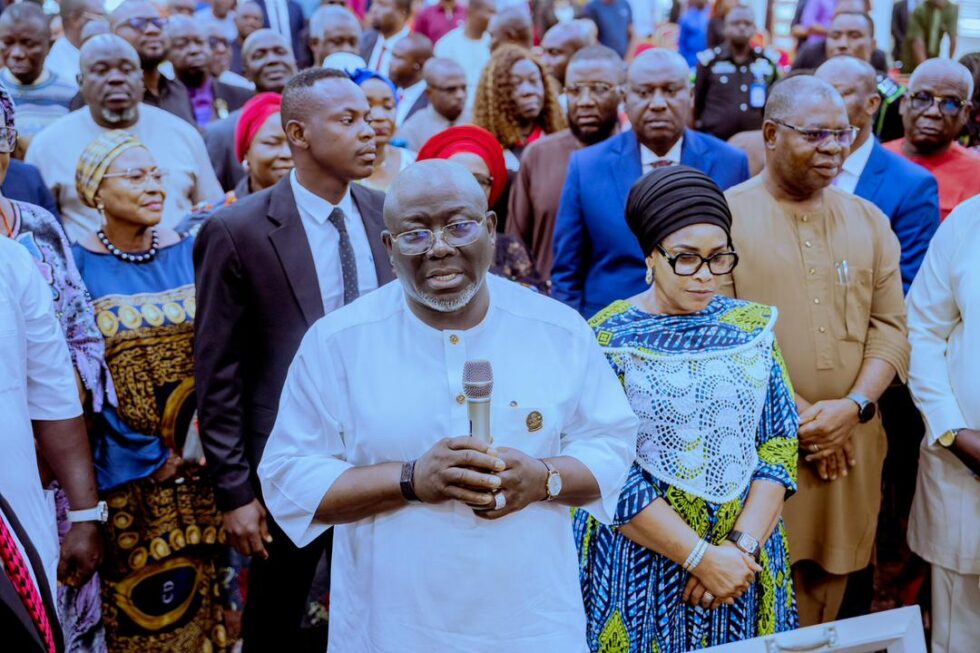Delta State Governor, Rt. Hon. Sheriff Oborevwori, his wife, Deaconess Tobore Oborevwori and the Deputy Governor, Sir Monday Onyeme during a morning devotion thanksgiving service at Government House Chapel, Asaba on Tuesday, May 26, 2026