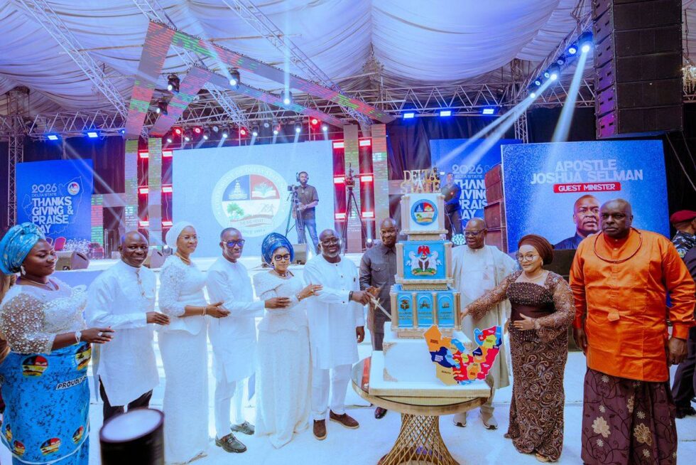 From right: Former Governor of Delta State, Chief James Ibori; wife of the Deputy Governor, Lady Catherine Onyeme; Deputy Governor of Delta State, Sir Monday Onyeme; renowned gospel preacher, Apostle Joshua Selman; Delta State Governor, Rt. Hon. Sheriff Oborevwori; the Governor's wife, Deaconess Tobore Oborevwori; immediate past Governor of Delta State, Senator Ifeanyi Okowa; his wife, Dame Edith Okowa; Speaker of the Delta State House of Assembly, Rt. Hon. Emomotimi Guwor; and his wife, Mrs. Guwor, during the cutting of the anniversary cake to commemorate Governor Oborevwori’s third year in office and the 2026 Delta State Thanksgiving and Praise Day held in Asaba on Friday, May 29, 2026