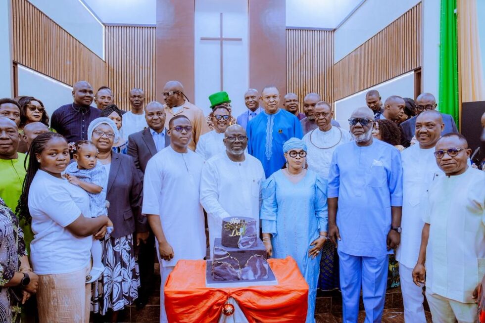 From right: Wife of the Delta State Governor, Deaconess Tobore Oborevwori; Delta State Governor, Rt. Hon. Sheriff Oborevwori; Commissioner for Finance, Sir Fidelis Tilije; Chairman of the All Progressives Congress (APC), Delta State, Chief Solomon Arenyeka; and Special Adviser to the Governor on Housing Development, Hon. Shedrack Rapu, during a special thanksgiving service marking the Governor’s 63rd birthday at the Government House Chapel, Asaba, on Friday, June 19, 2026