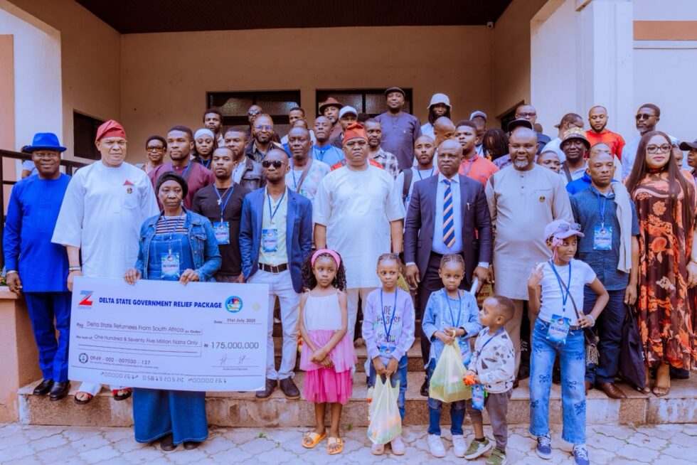 hief of Staff, Government House, Hon. Johnson Erijo (middle), representing Delta State Governor, Rt. Hon. Sheriff Oborevwori; Commissioner, Bureau for Special Duties, Mr. Etagherure Ejiro Terry (4th right); other top government functionaries; and Delta State indigenes and their families evacuated from the Republic of South Africa, shortly after the presentation of a total sum of ₦175 million as resettlement grants to the returnees during their official reception at Unity Hall, Government House, Asaba, on Friday, July 31, 2026