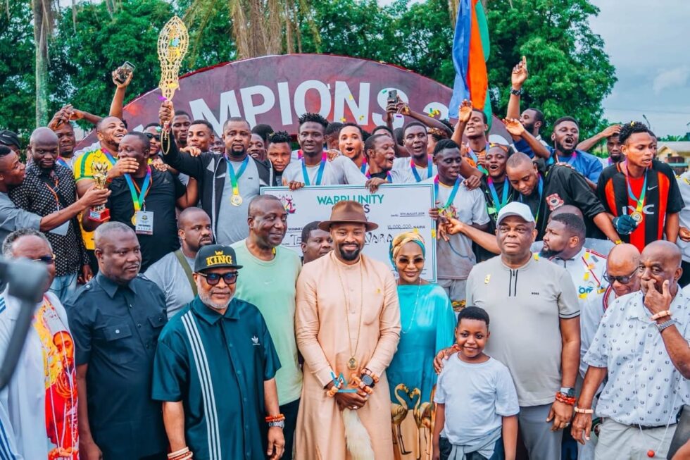 Chairman, Warri South Local Government Council, Hon. Weyinmi Agbateyiniro; the Obi of Aboh Kingdom, HRM Dr. Gregory Nnamdi, Oputa III; Commissioner for Higher Education and representative of Governor Sheriff Oborevwori, Prof. Nyerhovwo Tonukari; the Olu of Warri Kingdom, HRM Ogiame Atuwatse III, CFR; Olori Atuwatse; and the Ovie of Agbarha-Warri Kingdom, HRM King Kingsley Emakpo Orereh, Ataneru Igbi II, during the closing ceremony of the maiden Warri Unity Games held at the Federal Government College (FGC), Warri, on Saturday, August 15, 2026
