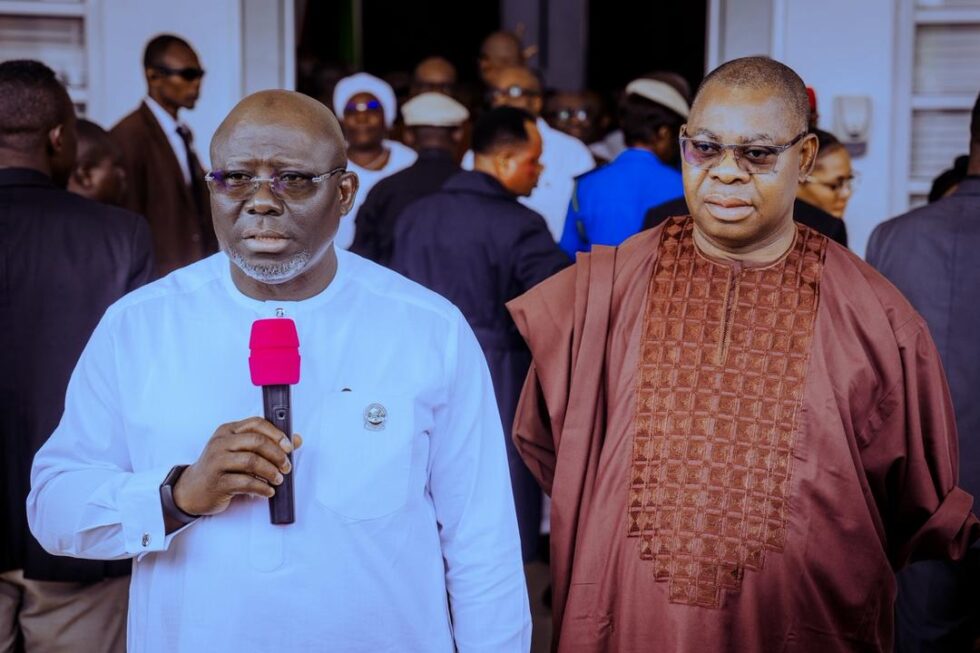 Delta State Governor, Rt. Hon. Sheriff Oborevwori (left), fielding questions from newsmen shortly after a Special Thanksgiving Service marking the 35th Creation Anniversary of Delta State, held at the Government House Chapel, Asaba, on Thursday, while the Deputy Governor of the State, Sir Monday Onyeme, looks on.