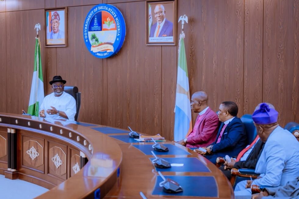 Delta State Governor, Rt. Hon. Sheriff Oborevwori (left), addressing members of the Executive Committee of the Pentecostal Fellowship of Nigeria (PFN), Delta State Chapter, during their visit to the Governor at Government House, Asaba, on Wednesday. Also in the photograph are the PFN Chairman, Delta State, Bishop Abos Willie (2nd left); Deputy Chairman, Bishop Sam Oyede (3rd left); and other members of the PFN executive committee on Wednesday, August 19, 2026
