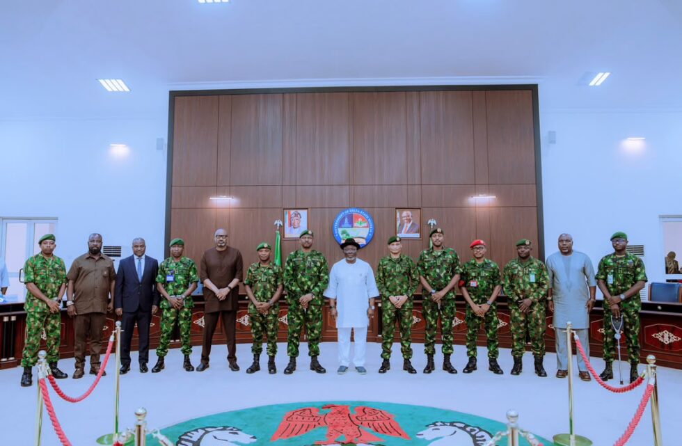 Delta State Governor, Rt. Hon. Sheriff Oborevwori (8th left), the General Officer Commanding, 6 Division, Nigerian Army, Port Harcourt/Land Component Commander, Joint Task Force South-South Operation Delta Safe, Major General Everest Okoro (6th right), Commander, Intelligence, 6 Division, Brigadier General A.S. Aliyu (5th left), Commander, 63 Brigade, Brigadier General Ibrahim Baba Buhari (7th right), alongside other senior military officers and top government officials, during a courtesy visit by the military delegation to the Governor at Government House, Asaba, on Tuesday, August 11, 2026