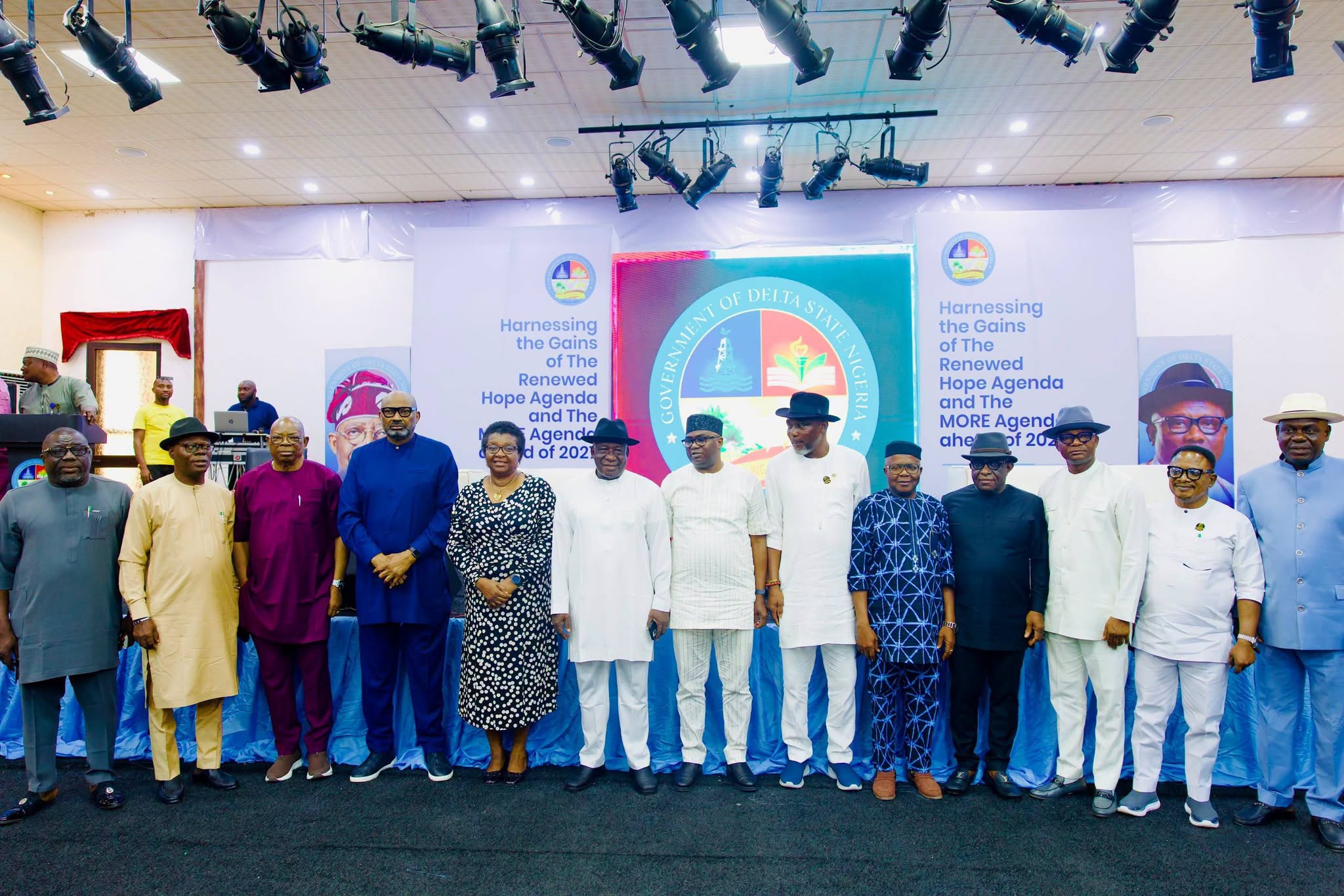 Chief of Staff, Government House, Hon. Johnson Erijo, who represented Governor Sheriff Oborevwori (middle); Senior Political Adviser to the Governor, Senator Emmanuel Aguarawodo, (6th left); Head of Service, Dr. Mininim Oseji (5th left); Secretary to the State Government, Dr. Kingsley Emu (4th left); Deputy Speaker, Delta State House of Assembly, Rt. Hon. Arthur Akpowowo (6th right); and other top officials of the Delta State government, during a one-day sensitisation seminar organised by the Office of the Senior Political Adviser for political office holders in Government House, Asaba, on Tuesday, September 16, 2026