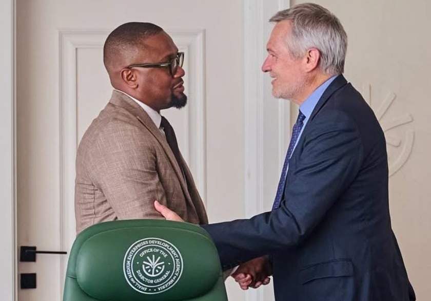 SMEDAN DG Charles Odii and EU Ambassador H.E. Gautier Mignot at SMEDAN headquaerter, Abuja.