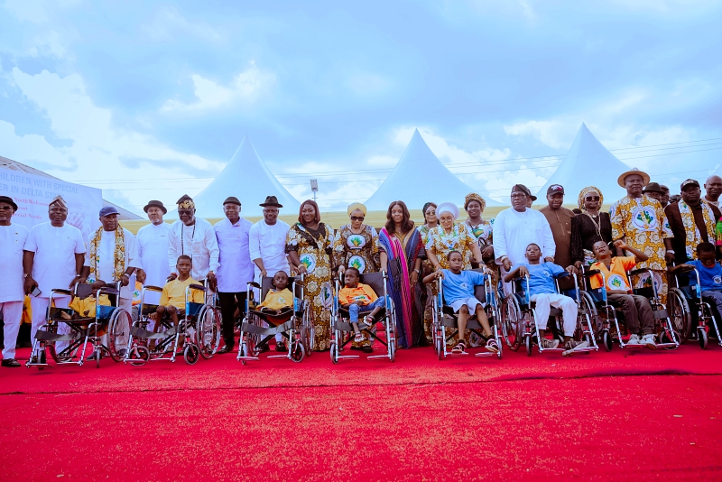 Wife of the Delta State Governor and Founder of the You Matter Charity Foundation, Deaconess Tobore Oborevwori (centre), flanked by leaders from the Warri Federal Constituency during the symbolic presentation of 30 wheelchairs to beneficiaries at the Foundation’s free medical outreach in Warri on Tuesday, September 1, 2026.