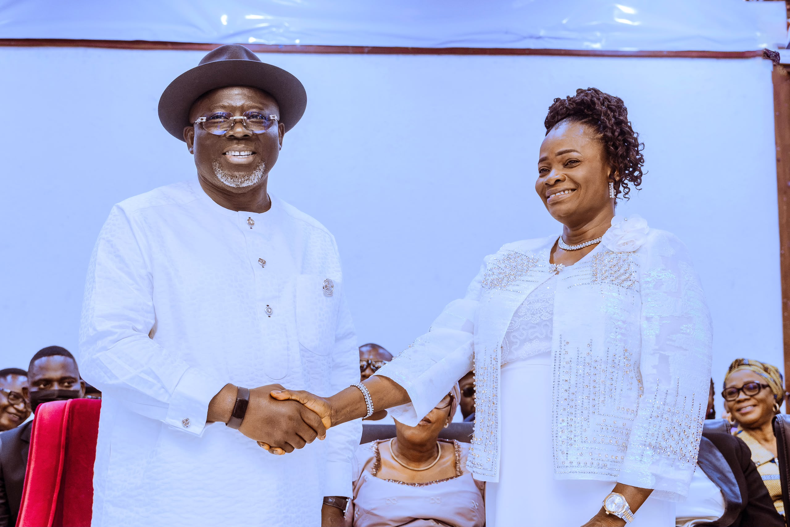 Delta State Governor, Rt. Hon. Sheriff Oborevwori (left), congratulating the newly sworn-in Head of Service, Dr. Charity Babigha-Ehimen, during her swearing-in ceremony at Government House, Asaba