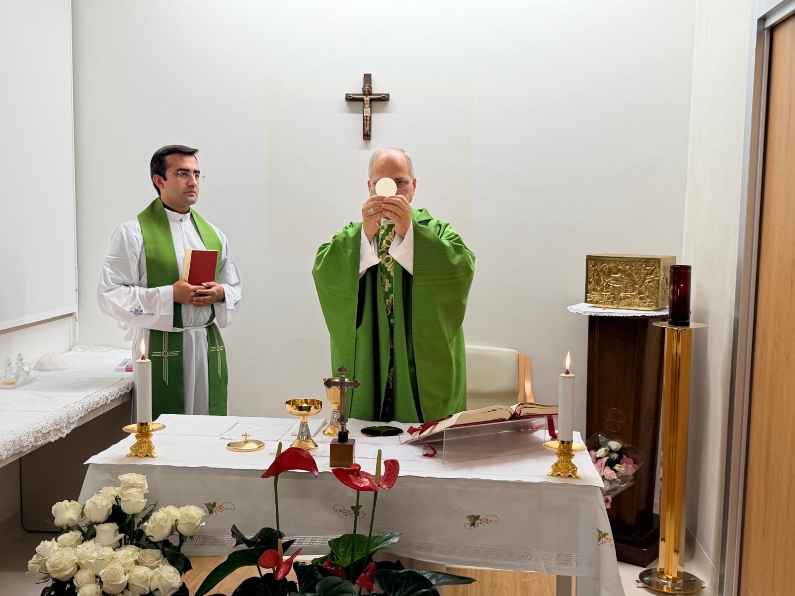 Pope Leo celebrating Mass in his room on the 10th floor of Gemelli Hospital in Rome.